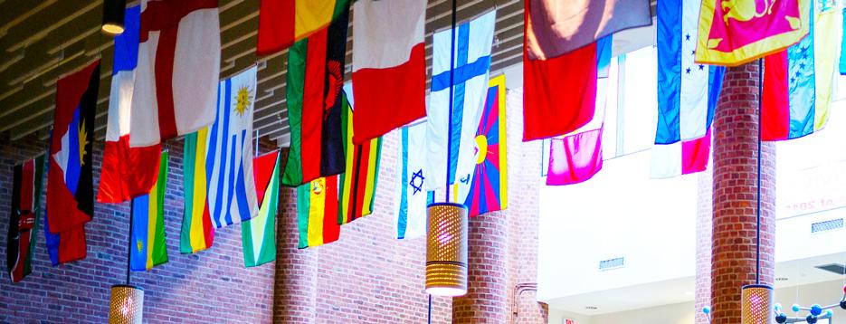 International flags hanging at Skidmore College